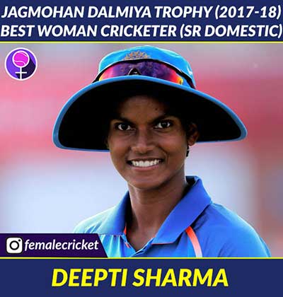 JAGMOHAN DALMIYA TROPHY – BEST WOMAN CRICKETER (SR DOMESTIC) Of 2017-18 goes to Deepti Sharma