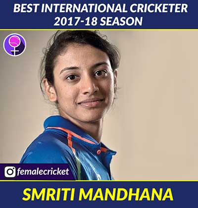 BEST INTERNATIONAL CRICKETER WOMEN for 2017-18 season goes to Smriti Mandhana