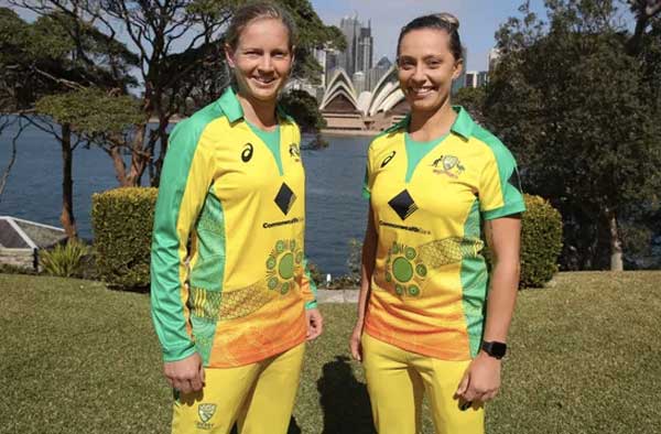 Meg Lanning and Ash Gardner sport the Indigenous designed uniform ahead of their T20 against England in February 2020. Photograph: Cricket Australia