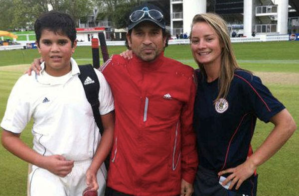 Danielle Wyatt with Sachin Tendulkar and his son Arjun in 2012. (Twitter Photo)