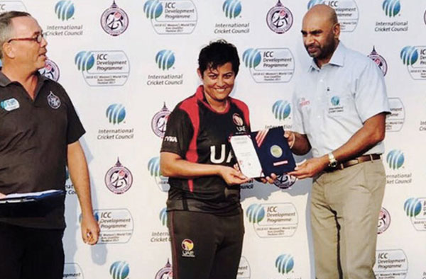 Nisha Ali receiving Player of the Match Award. Image Credit: Courtesy: ICC