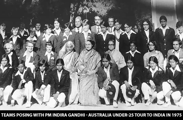 The teams pose with prime minister Indira Gandhi during the Australia Under-25 tour to India in 1975