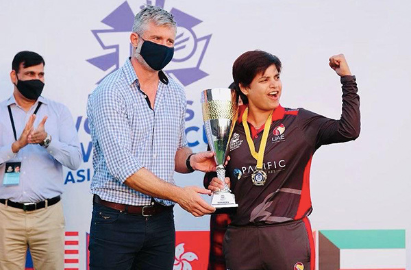 Chaya Mughal with ICC Women's World T20 Asia Qualifier Trophy