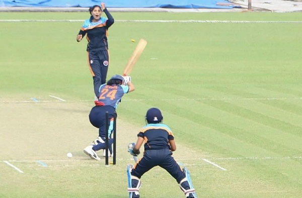 Sarla Devi on her bowling action. PC: Female Cricket