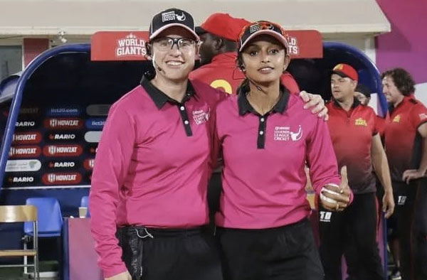 Who are the 5 female match officials in Legends League Cricket 2021?