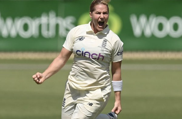 Katherine Brunt celebrating her 50th test wicket. PC: Getty Images