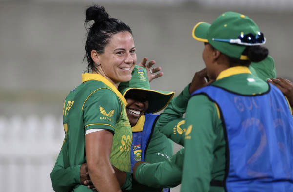 Marizanne Kapp relieved after South Africa beat England in a nail-biting thriller. PC: ICC/Getty Images