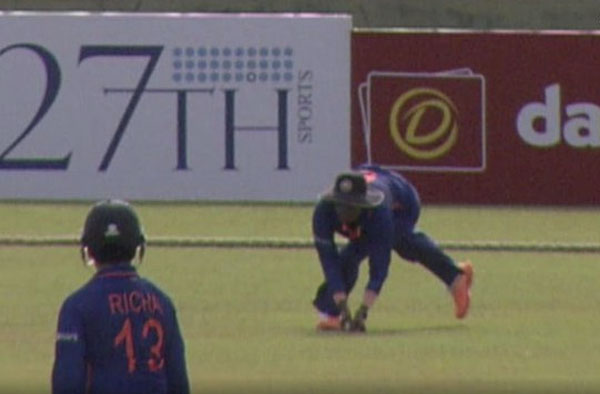 Deepti Sharma grabs a stunning catch in 1st T20I against Sri Lanka at Dambulla. PC: Fancode App