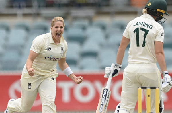 Katherine Brunt celebrating Meg Lanning's wicket. PC: Getty Images