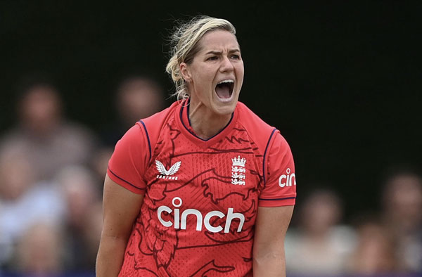  England bowler Katherine Brunt reacts during the 2nd Vitality IT20 match between England Women and South Africa Women at New Road on July 23, 2022 in Worcester, England. (Photo by Stu Forster - ECB/ECB via Getty Images)