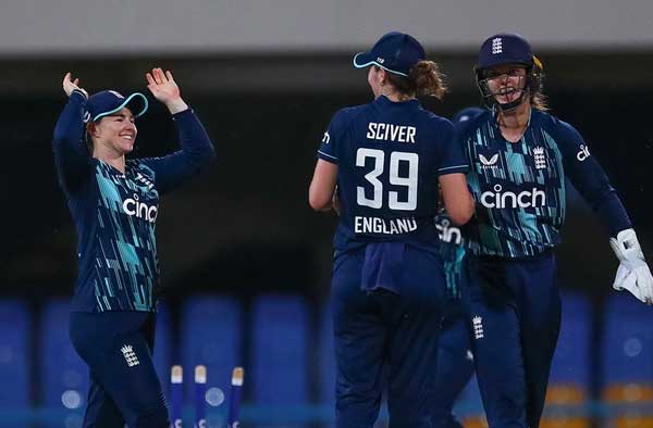 Natalie Sciver, Amy Jones and Tammy Beaumont celebrating victory. PC: Getty Images