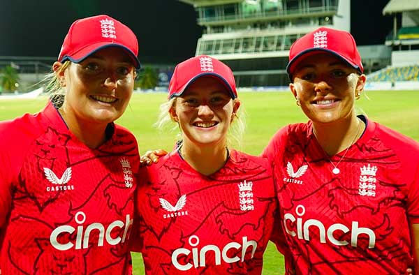 England's spin attack - Sophie Ecclestone, Charlie Dean and Sarah Glenn. PC: EnglandCricket