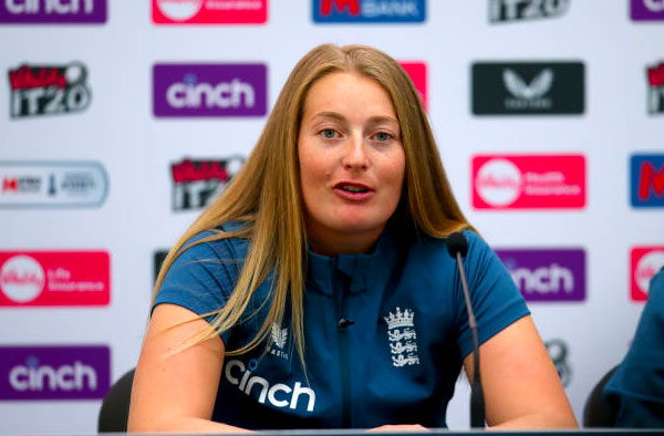 Sophie Ecclestone addresses the media ahead of 2nd T20I against Australia. PC: Getty Images