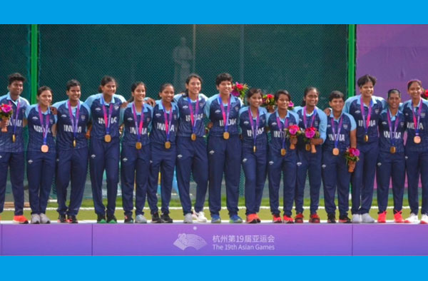 Indian Women's Cricket Team at the Podium receiving Gold Medal at Asian Games 2023.