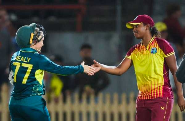 Alyssa Healy greets Hayley Matthews after her special knock during 2nd T20I. PC: Getty Images