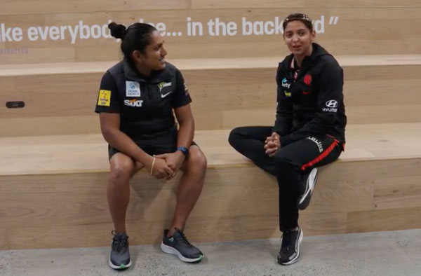 Divided by countries, United by Bollywood Music at the WBBL: Harmanpreet Kaur and Chamari Athapaththu. 