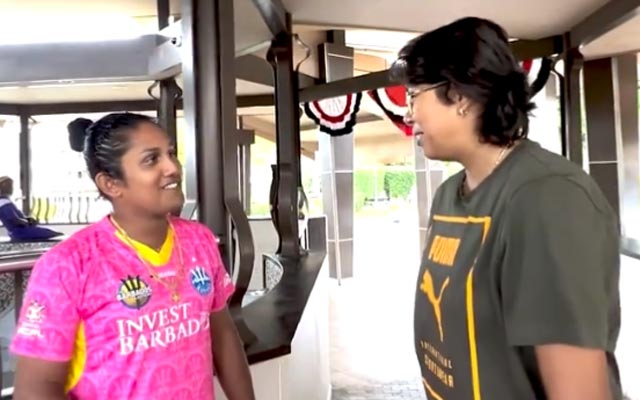 Jhulan Goswami and Chamari Athapaththu shares heartfelt moment before WCPL match. PC: Barbados Royals