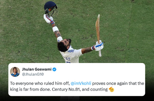 What did Jhulan Goswami tweet on Virat Kohli's historic Century?