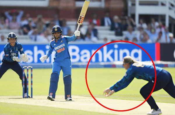 Sophie Ecclestone’s Brilliant Return Catch Dismisses Harleen Deol in 2nd ODI at Lord’s. PC: Getty