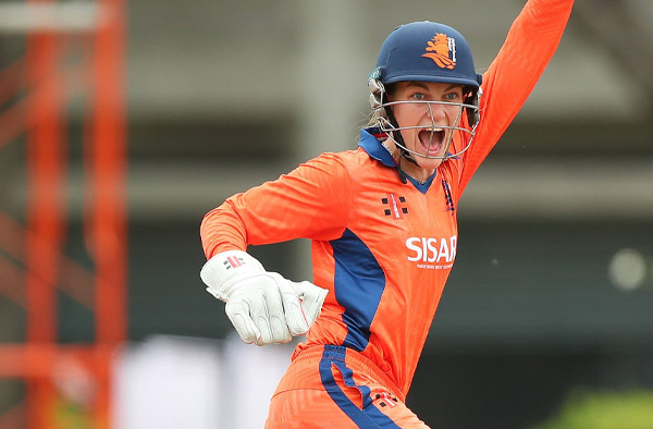 Babette de Leede of the Netherlands celebrates a wicket during the ICC Women's Emerging Nations Trophy 2025