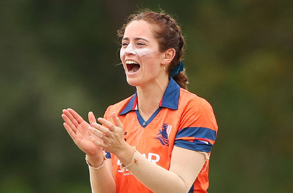 Frederique Overdijk of the Netherlands celebrates taking a wicket during the ICC Women's Emerging Nations Trophy 2025