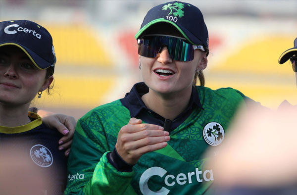 Gaby Lewis of Ireland looks on in the huddle during the ICC Women's T20 World Cup 2026 Qualifier