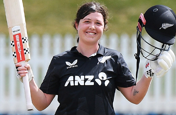 Gaby Lewis of New Zealand celebrates hitting a century against Sri Lanka
