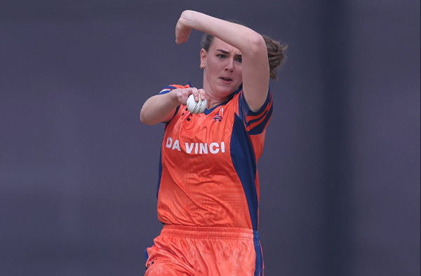 Iris Zwilling of Netherlands bowls during the ICC Women's T20 World Cup 2026 Qualifier
