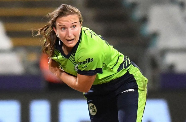 Ireland's Leah Paul delivers a ball during the T20 Women's World Cup 2023; PC: Getty